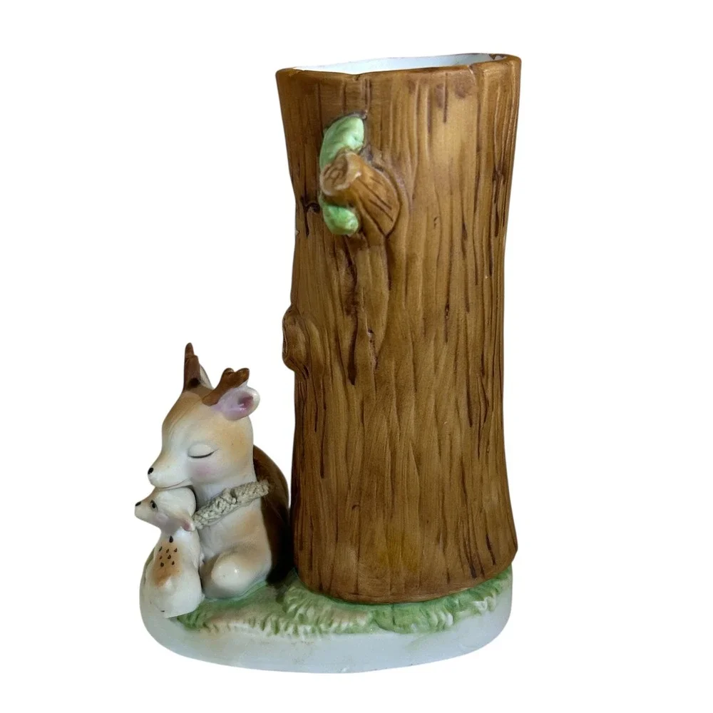 Vintage Enesco 1979 Adorable Ceramic‎ Tree Hug Mother Deer Fawn Bud Vase Taiwan